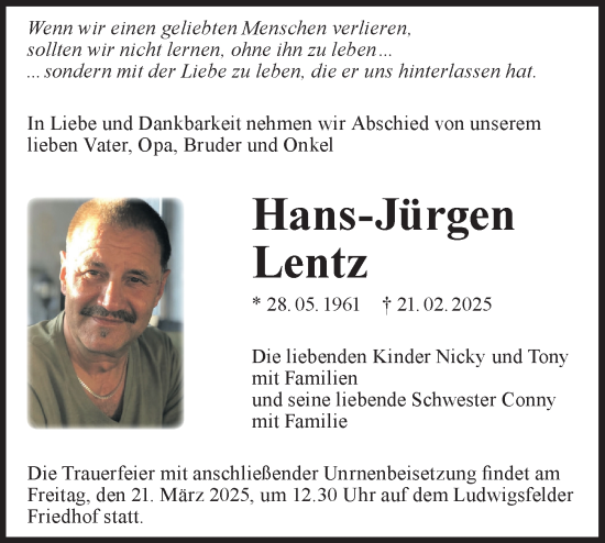 Traueranzeige von Hans-Jürgen Lentz von Märkische Oderzeitung