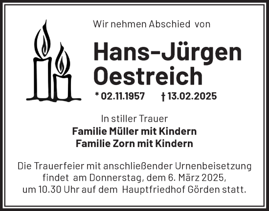 Traueranzeige von Hans-Jürgen Oestreich von Märkische Oderzeitung
