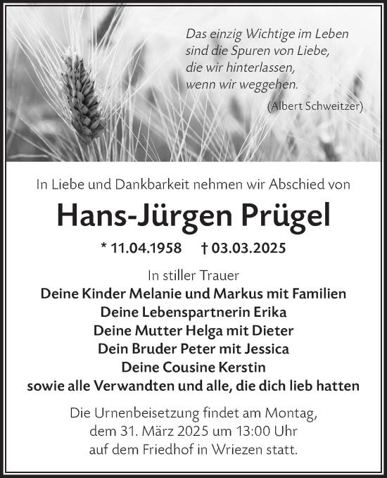 Traueranzeige von Hans-Jürgen Prügel von Märkische Oderzeitung