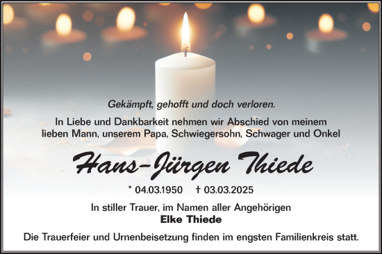 Traueranzeige von Hans-Jürgen Thiede von Märkische Oderzeitung