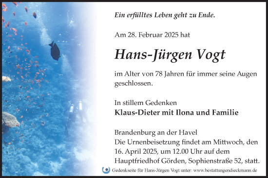 Traueranzeige von Hans-Jürgen Vogt von Märkische Oderzeitung