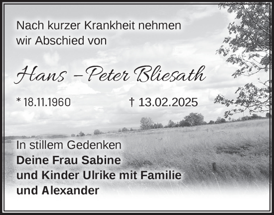 Traueranzeige von Hans-Peter Bliesath von Märkische Oderzeitung