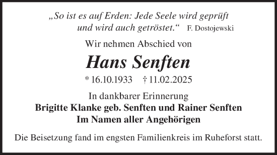 Traueranzeige von Hans Senften von Märkische Oderzeitung