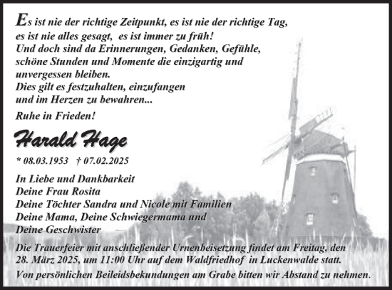 Traueranzeige von Harald Hage von Märkische Oderzeitung