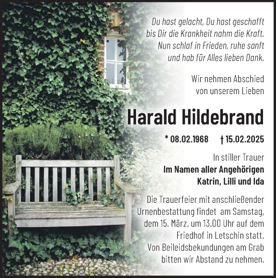 Traueranzeige von Harald Hildebrand von Märkische Oderzeitung