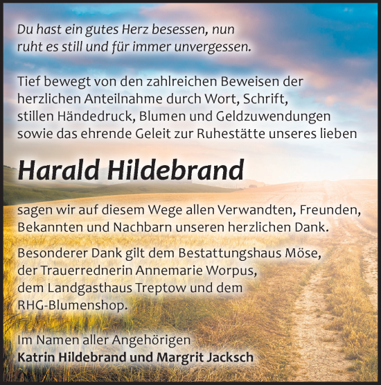 Traueranzeige von Harald Hildebrand von Märkische Oderzeitung