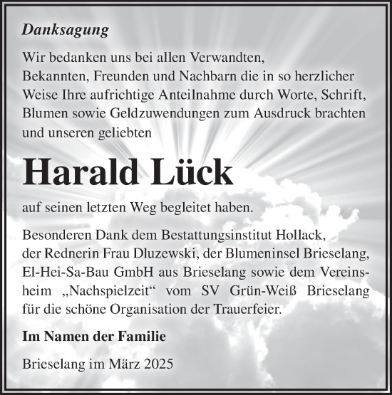 Traueranzeige von Harald Lück von Märkische Oderzeitung