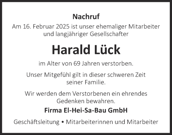 Traueranzeige von Harald Lück von Märkische Oderzeitung
