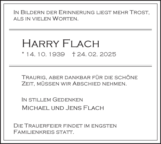 Traueranzeige von Harry Flach von Märkische Oderzeitung