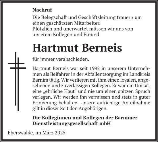 Traueranzeige von Hartmut Berneis von Märkische Oderzeitung