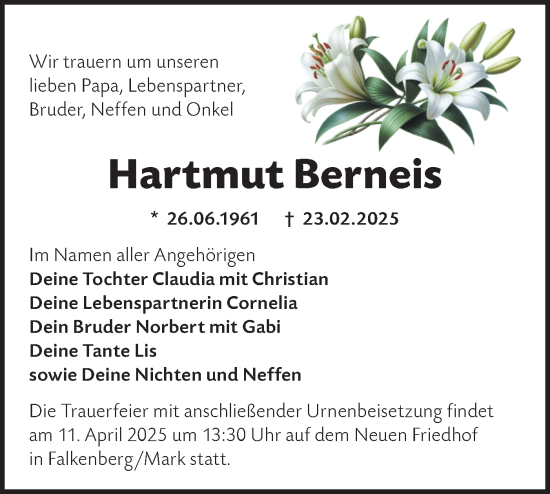 Traueranzeige von Hartmut Berneis von Märkische Oderzeitung