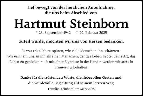 Traueranzeige von Hartmut Steinborn von Märkische Oderzeitung