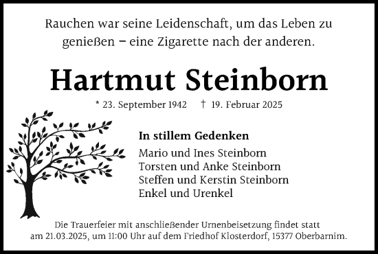 Traueranzeige von Hartmut Steinborn von Märkische Oderzeitung