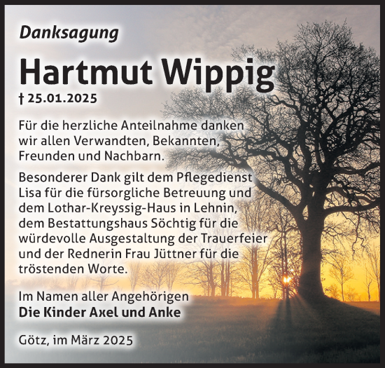 Traueranzeige von Hartmut Wippig von Märkische Oderzeitung