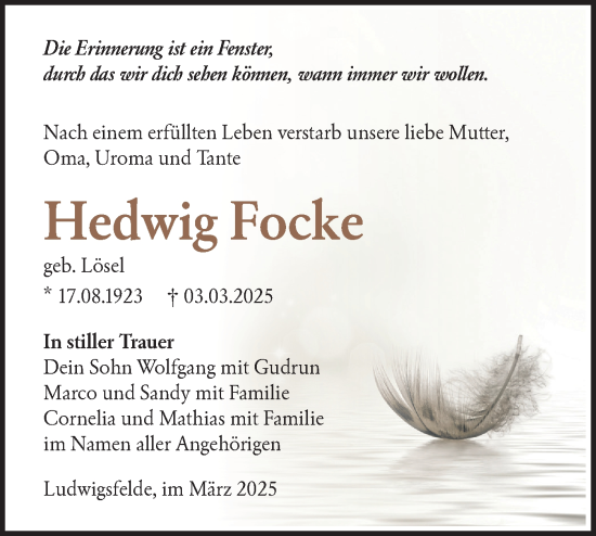 Traueranzeige von Hedwig Focke von Märkische Oderzeitung
