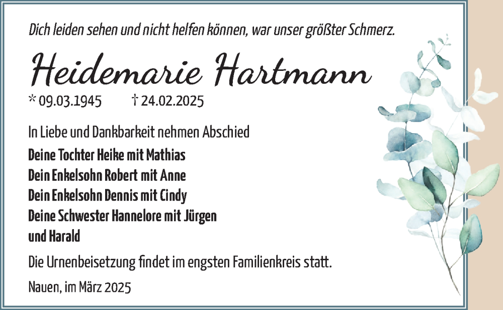  Traueranzeige für Heidemarie Hartmann vom 08.03.2025 aus Märkische Oderzeitung