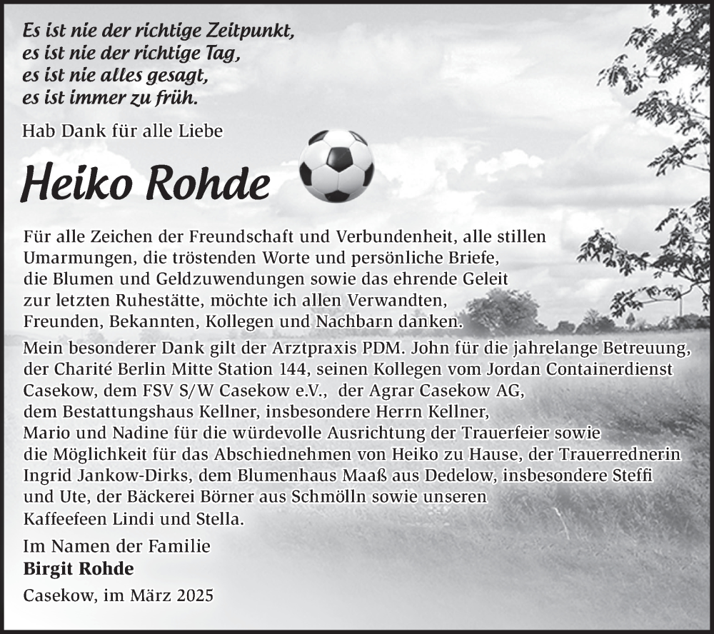  Traueranzeige für Heiko Rohde vom 29.03.2025 aus Märkische Oderzeitung