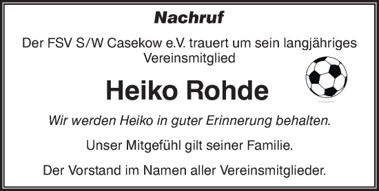 Traueranzeige von Heiko Rohde von Märkische Oderzeitung