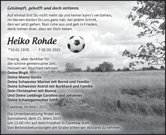 Traueranzeige von Heiko Rohde von Märkische Oderzeitung