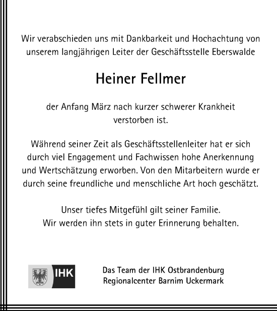 Traueranzeige von Heiner Fellmer von Märkische Oderzeitung