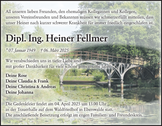 Traueranzeige von Heiner Fellmer von Märkische Oderzeitung