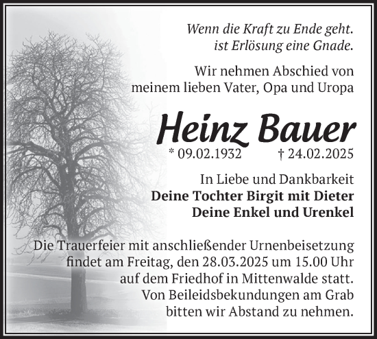 Traueranzeige von Heinz Bauer von Märkische Oderzeitung