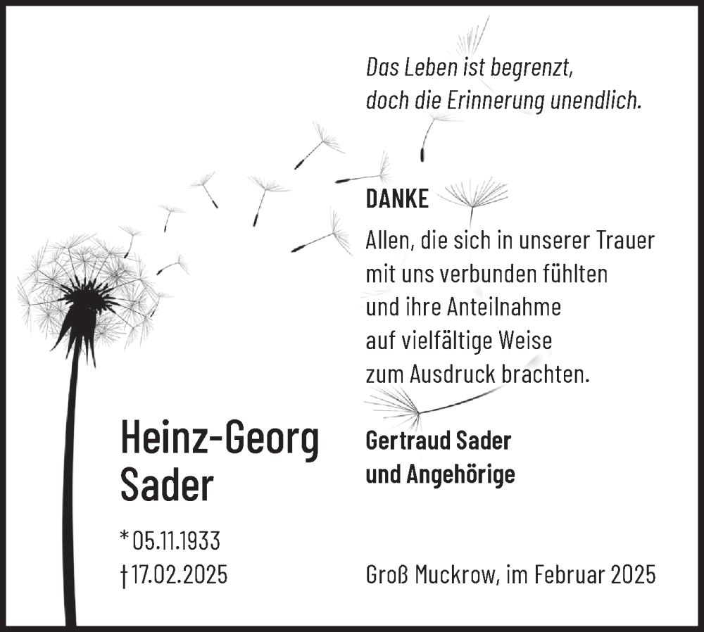  Traueranzeige für Heinz-Georg Sader vom 08.03.2025 aus Märkische Oderzeitung
