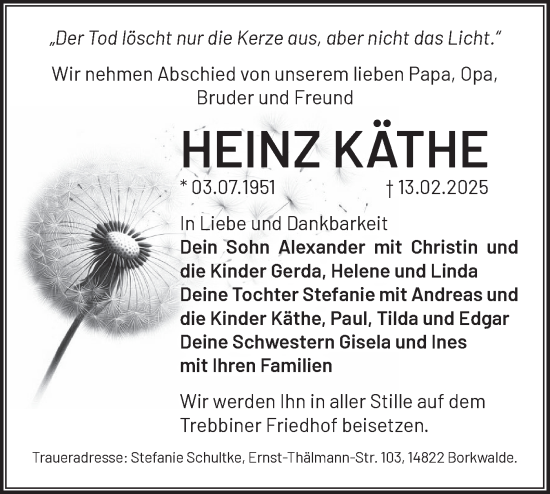Traueranzeige von Heinz Käthe von Märkische Oderzeitung