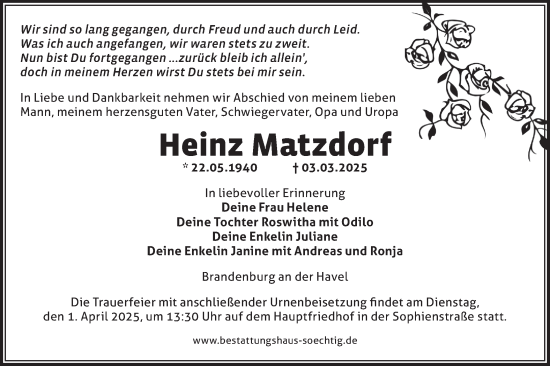Traueranzeige von Heinz Matzdorf von Märkische Oderzeitung