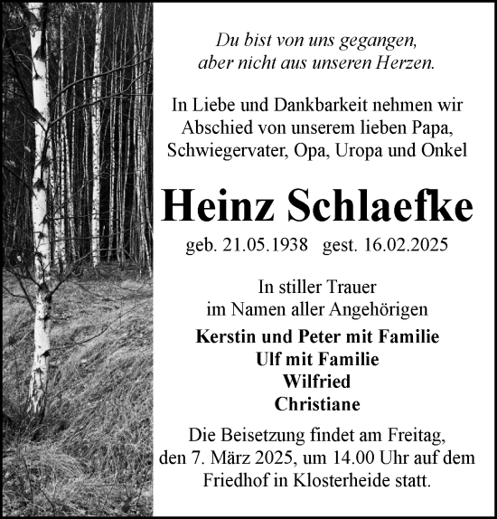 Traueranzeige von Heinz Schlaefke von Märkische Oderzeitung