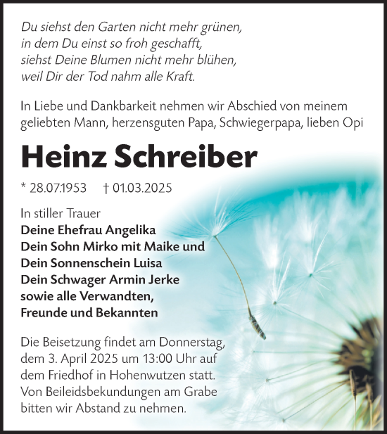 Traueranzeige von Heinz Schreiber von Märkische Oderzeitung
