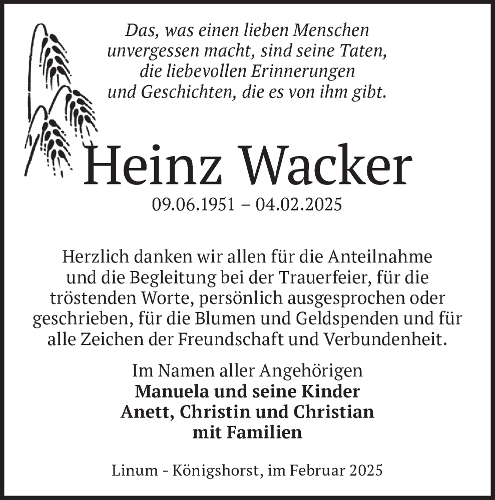  Traueranzeige für Heinz Wacker vom 01.03.2025 aus Märkische Oderzeitung