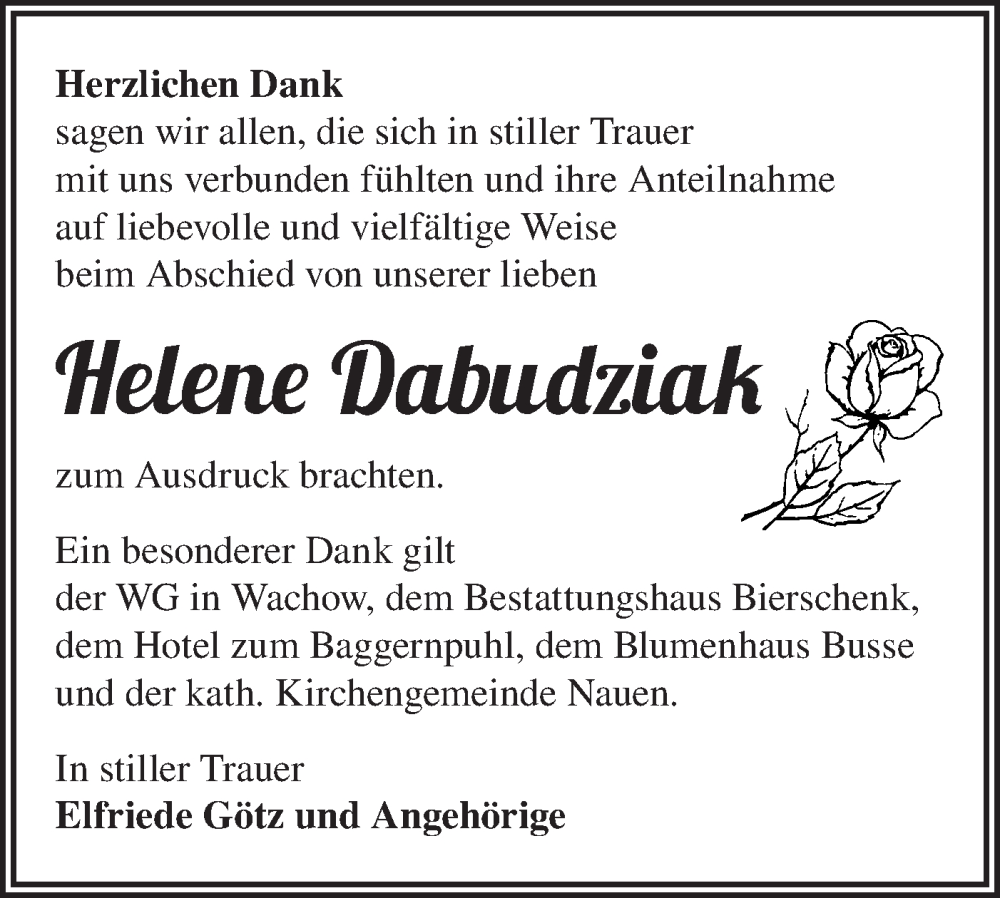  Traueranzeige für Helene Dabudziak vom 29.03.2025 aus Märkische Oderzeitung