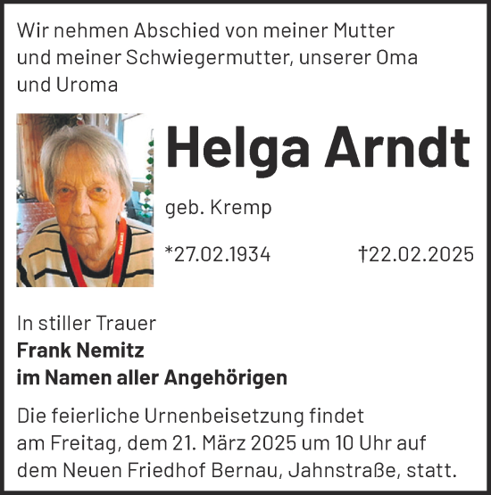 Traueranzeige von Helga Arndt von Märkische Oderzeitung