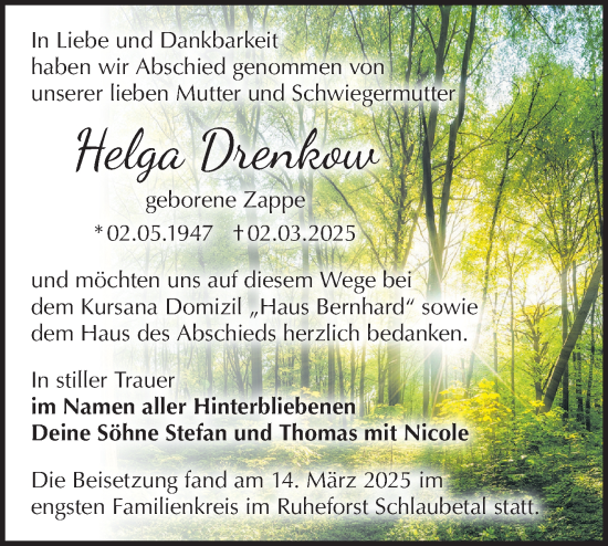 Traueranzeige von Helga Drenkow von Märkische Oderzeitung