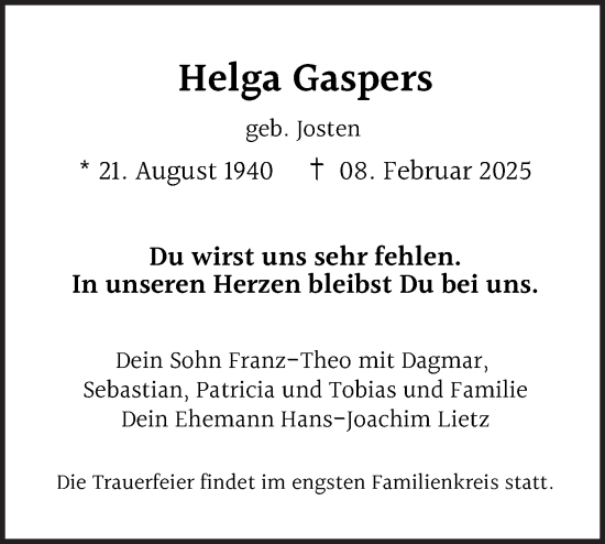 Traueranzeige von Helga Gaspers von Märkische Oderzeitung