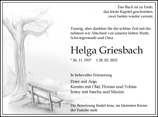 Traueranzeige von Helga Griesbach von Märkische Oderzeitung