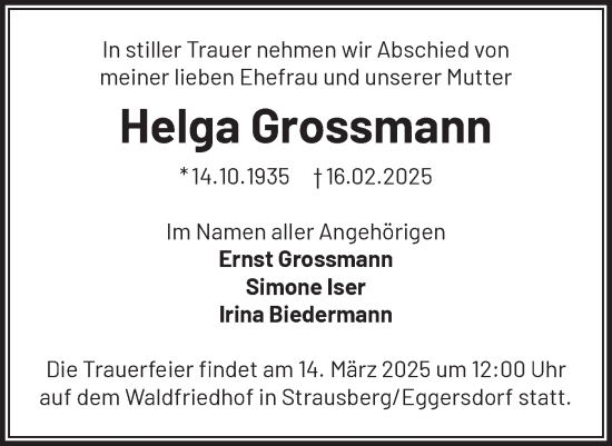 Traueranzeige von Helga Grossmann von Märkische Oderzeitung