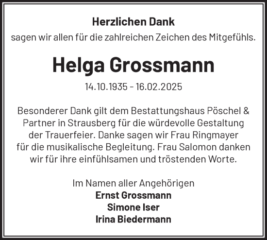 Traueranzeige von Helga Grossmann von Märkische Oderzeitung