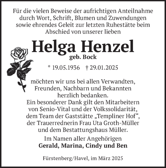 Traueranzeige von Helga Henzel von Märkische Oderzeitung