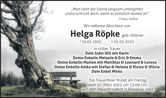Traueranzeige von Helga Röpke von Märkische Oderzeitung