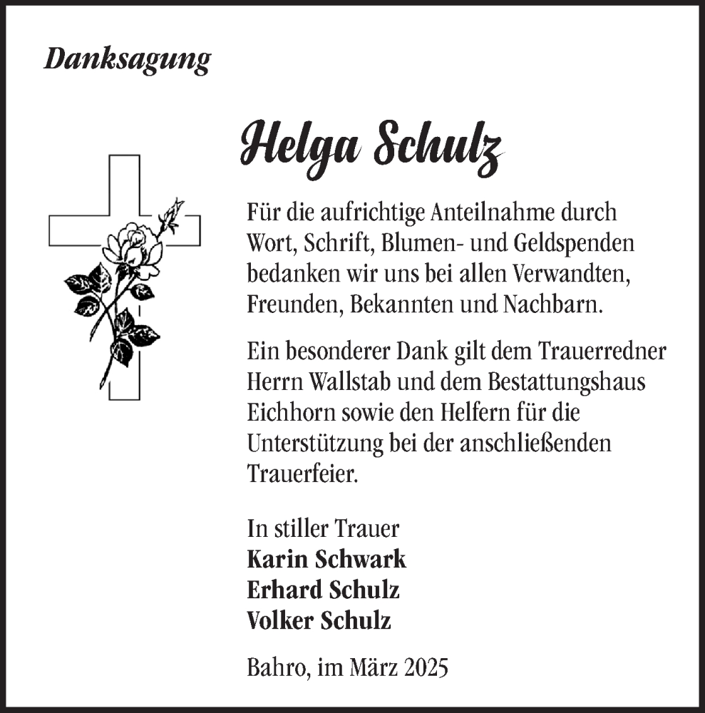  Traueranzeige für Helga Schulz vom 22.03.2025 aus Märkische Oderzeitung