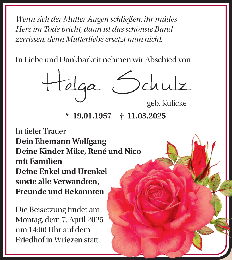  Traueranzeige für Helga Schulz vom 22.03.2025 aus Märkische Oderzeitung