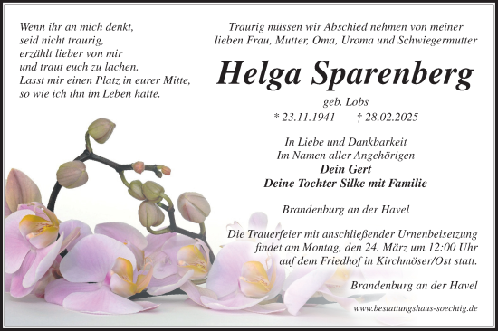 Traueranzeige von Helga Sparenberg von Märkische Oderzeitung