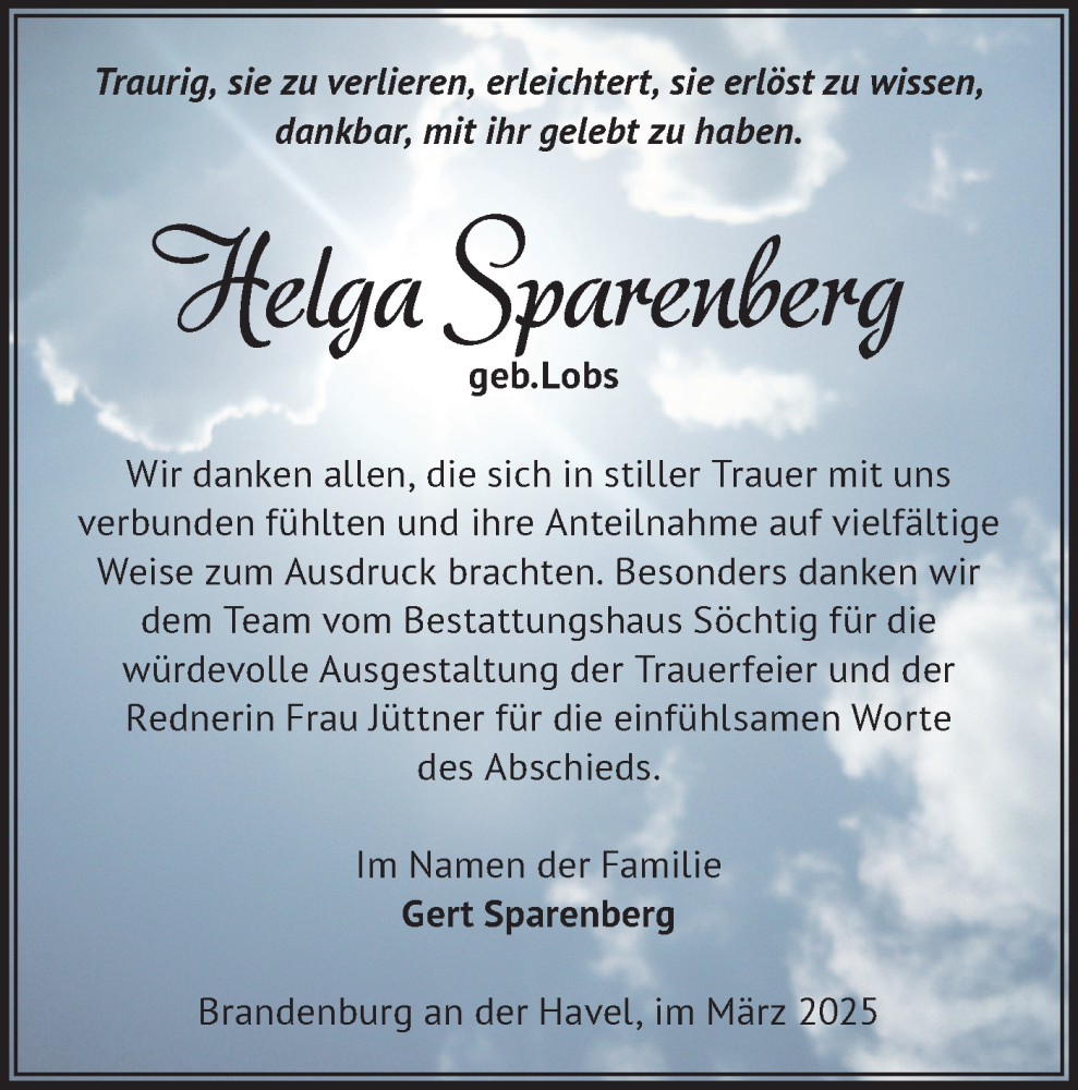  Traueranzeige für Helga Sparenberg vom 29.03.2025 aus Märkische Oderzeitung