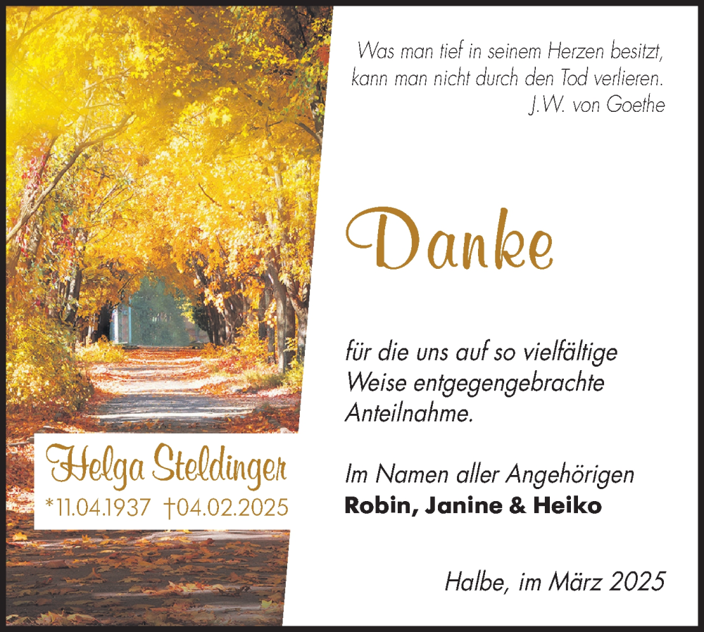  Traueranzeige für Helga Steldinger vom 22.03.2025 aus Märkische Oderzeitung