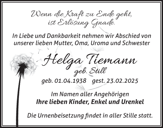 Traueranzeige von Helga Tiemann von Märkische Oderzeitung