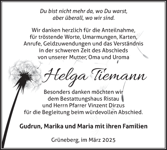 Traueranzeige von Helga Tiemann von Märkische Oderzeitung