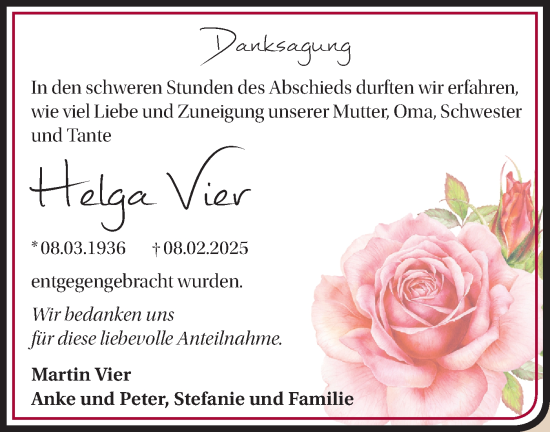Traueranzeige von Helga Vier von Märkische Oderzeitung