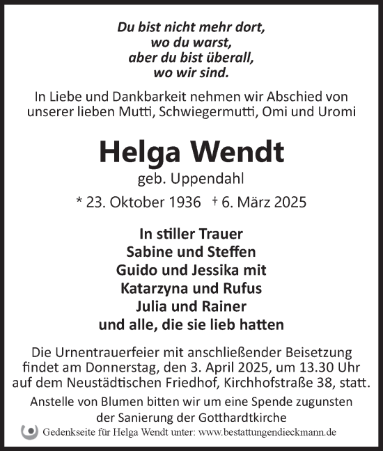 Traueranzeige von Helga Wendt von Märkische Oderzeitung